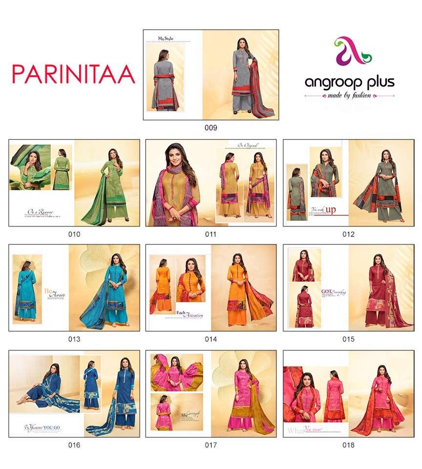 PARINITAA BY ANGROOP PLUS 009 TO 018 SERIES BEAUTIFUL STYLISH SUITS FANCY COLORFUL CASUAL WEAR & ETHNIC WEAR & READY TO WEAR PURE COTTON CAMBRIC DRESSES AT WHOLESALE PRICE