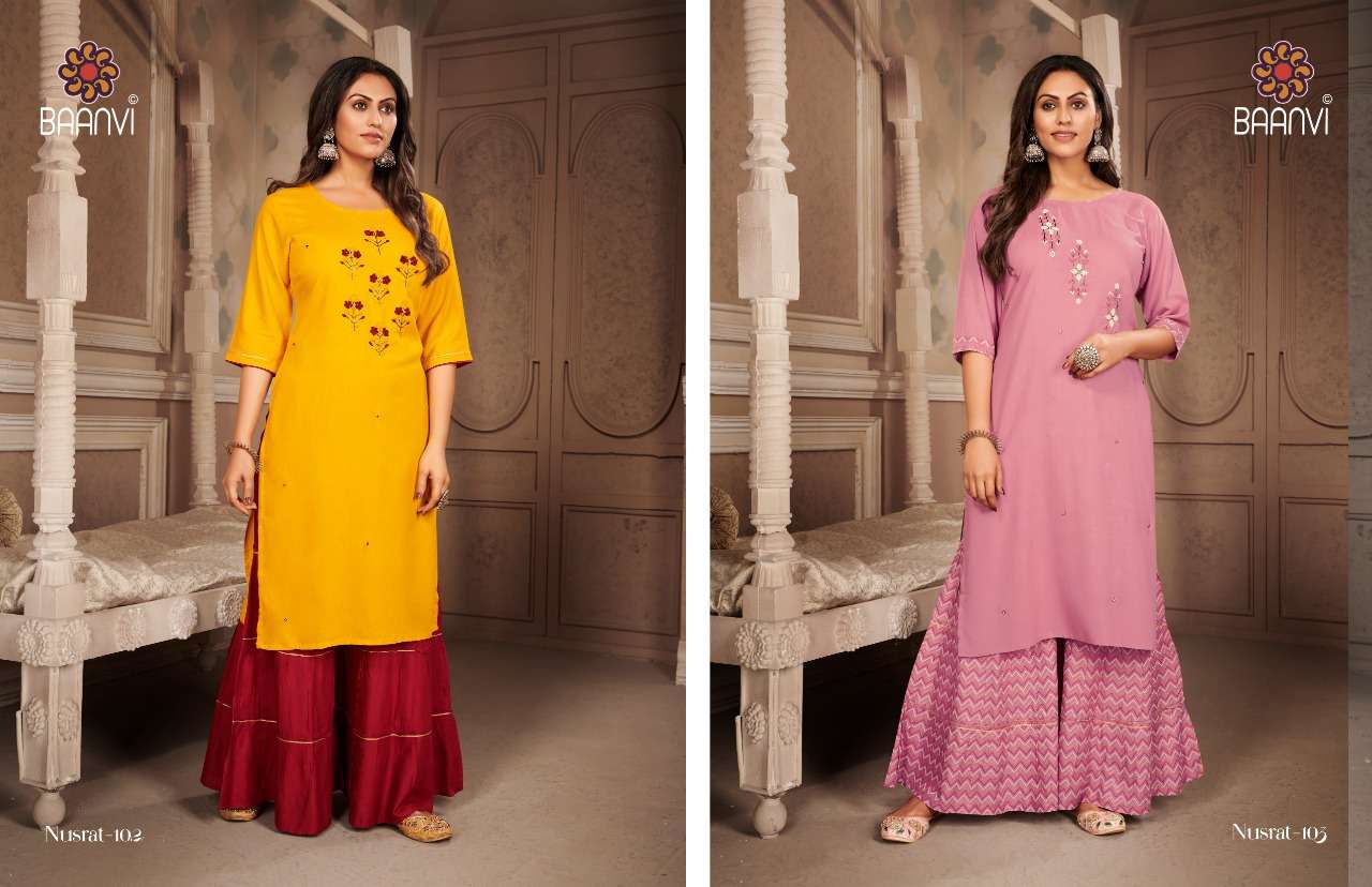 NUSRAT BY BAANVI 101 TO 104 SERIES DESIGNER STYLISH FANCY COLORFUL BEAUTIFUL PARTY WEAR & ETHNIC WEAR COLLECTION RAYON SLUB WITH WORK KURTIS WITH BOTTOM AT WHOLESALE PRICE
