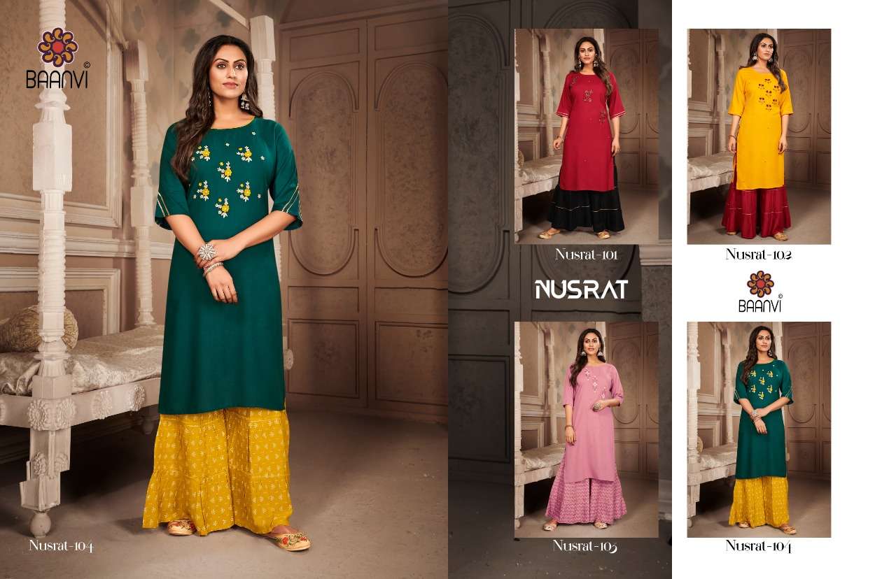NUSRAT BY BAANVI 101 TO 104 SERIES DESIGNER STYLISH FANCY COLORFUL BEAUTIFUL PARTY WEAR & ETHNIC WEAR COLLECTION RAYON SLUB WITH WORK KURTIS WITH BOTTOM AT WHOLESALE PRICE
