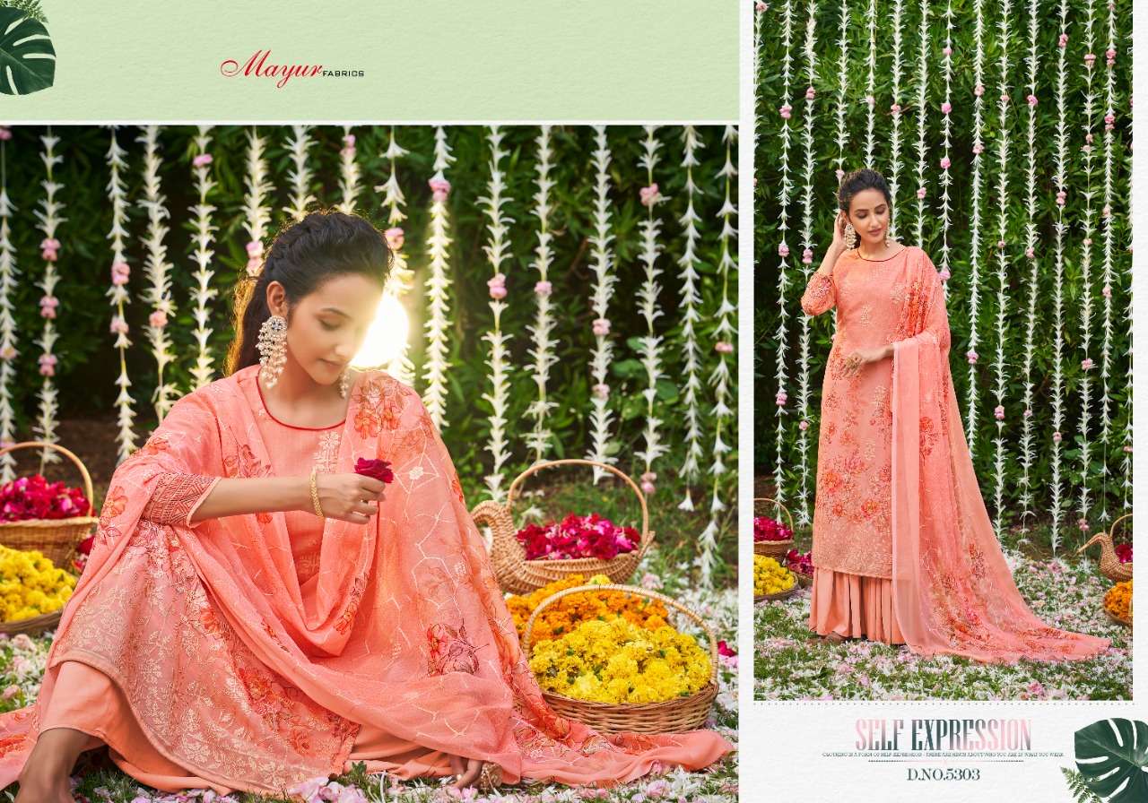 ZARNAA BY MAYUR FABRICS 5301 TO 5308 SERIES BEAUTIFUL STYLISH SHARARA SUITS FANCY COLORFUL CASUAL WEAR & ETHNIC WEAR & READY TO WEAR GEORGETTE DIGITAL PRINTED DRESSES AT WHOLESALE PRICE