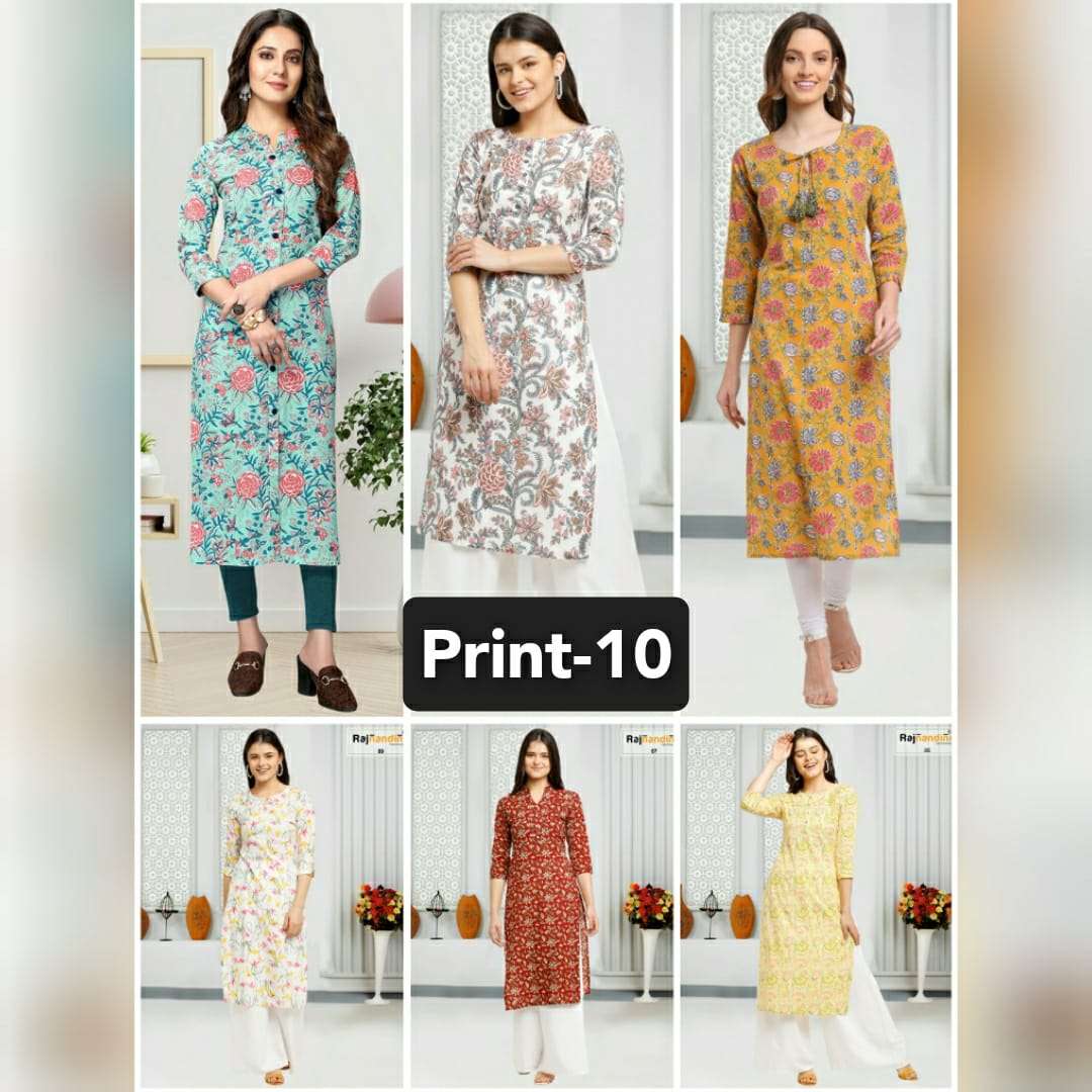 PRINT VOL-10 BY RAJNANDINI 1001 TO 1006 SERIES DESIGNER STYLISH FANCY COLORFUL BEAUTIFUL PARTY WEAR & ETHNIC WEAR COLLECTION PURE COTTON PRINT KURTIS AT WHOLESALE PRICE