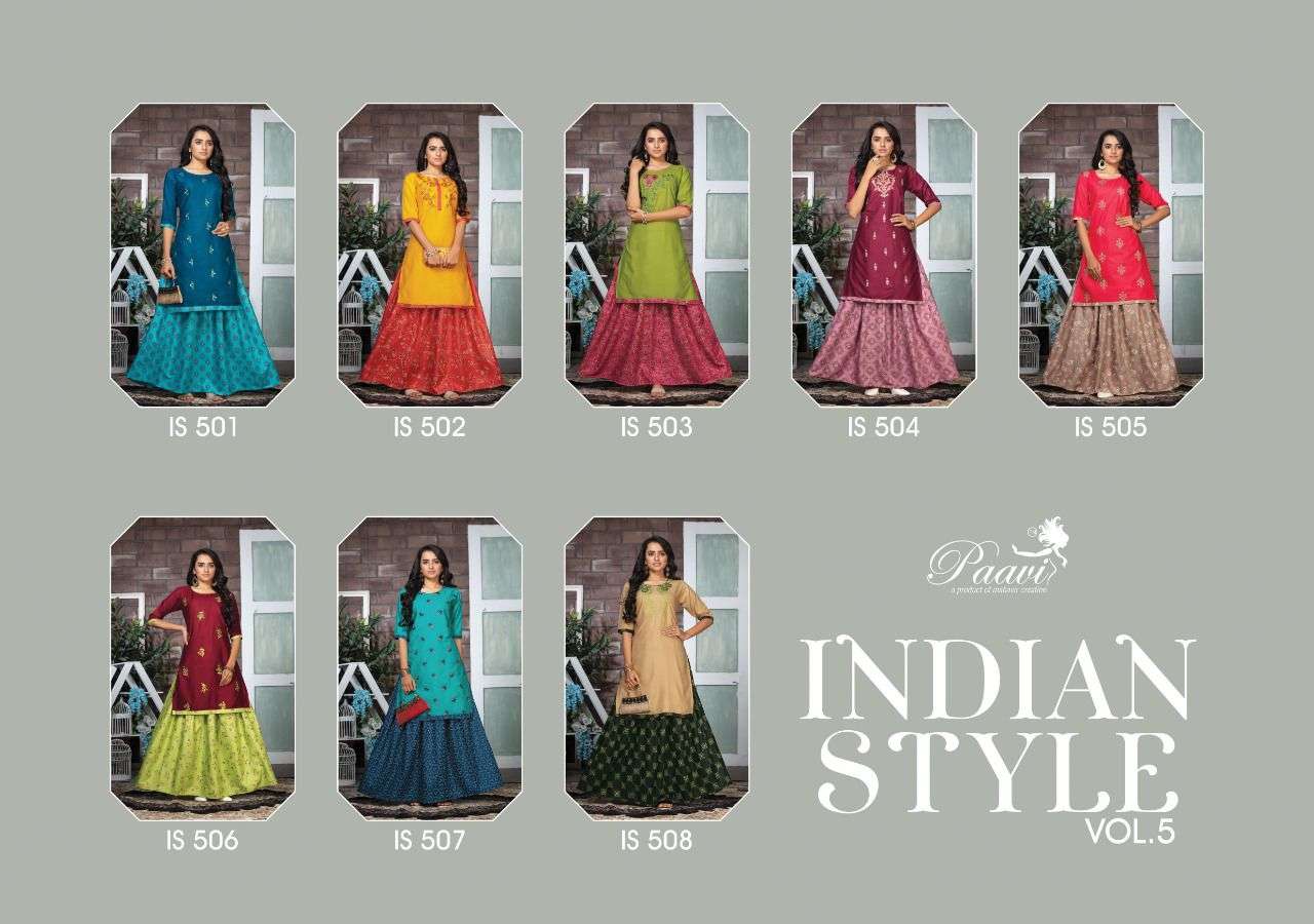 INDIAN STYLE VOL-5 BY PAAVI 501 TO 508 SERIES DESIGNER STYLISH FANCY COLORFUL BEAUTIFUL PARTY WEAR & ETHNIC WEAR COLLECTION RAYON EMBROIDERED KURTIS WITH BOTTOM AT WHOLESALE PRICE