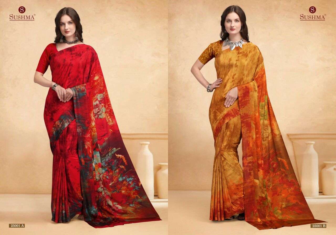 STYLE VOL-11 BY SUSHMA 25001-A TO 25005-C SERIES INDIAN TRADITIONAL WEAR COLLECTION BEAUTIFUL STYLISH FANCY COLORFUL PARTY WEAR & OCCASIONAL WEAR CREPE SAREES AT WHOLESALE PRICE