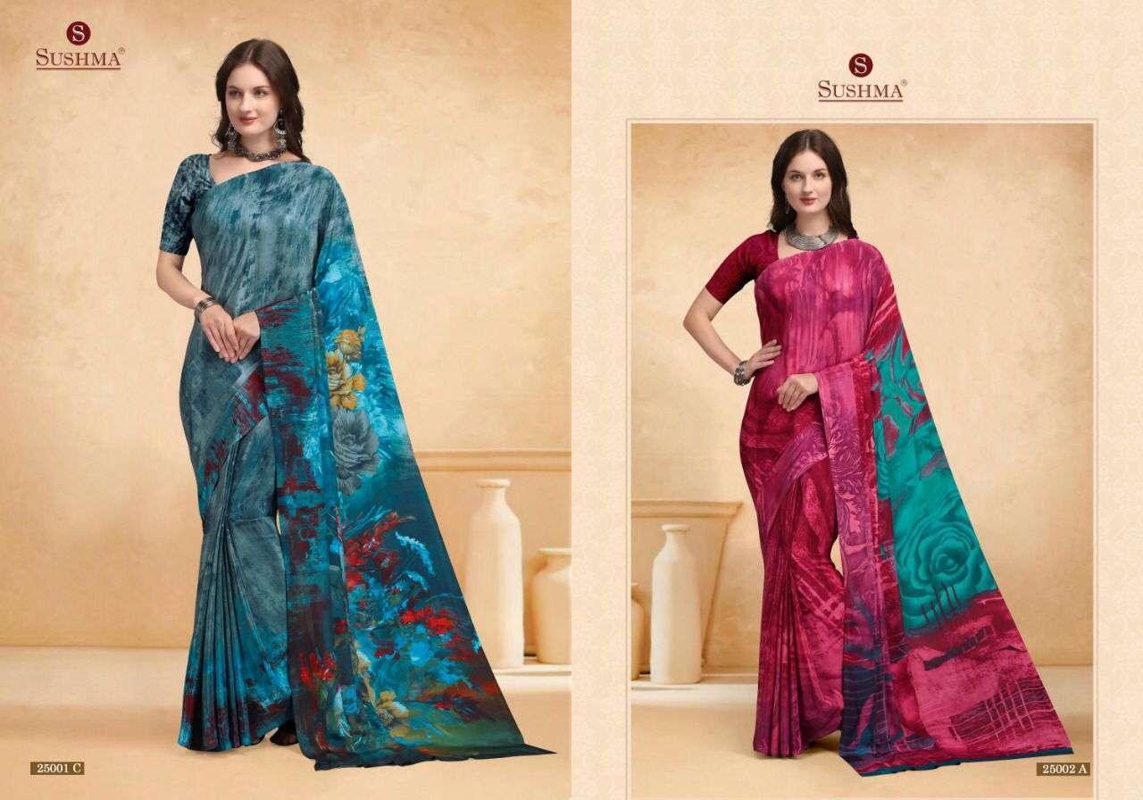 STYLE VOL-11 BY SUSHMA 25001-A TO 25005-C SERIES INDIAN TRADITIONAL WEAR COLLECTION BEAUTIFUL STYLISH FANCY COLORFUL PARTY WEAR & OCCASIONAL WEAR CREPE SAREES AT WHOLESALE PRICE