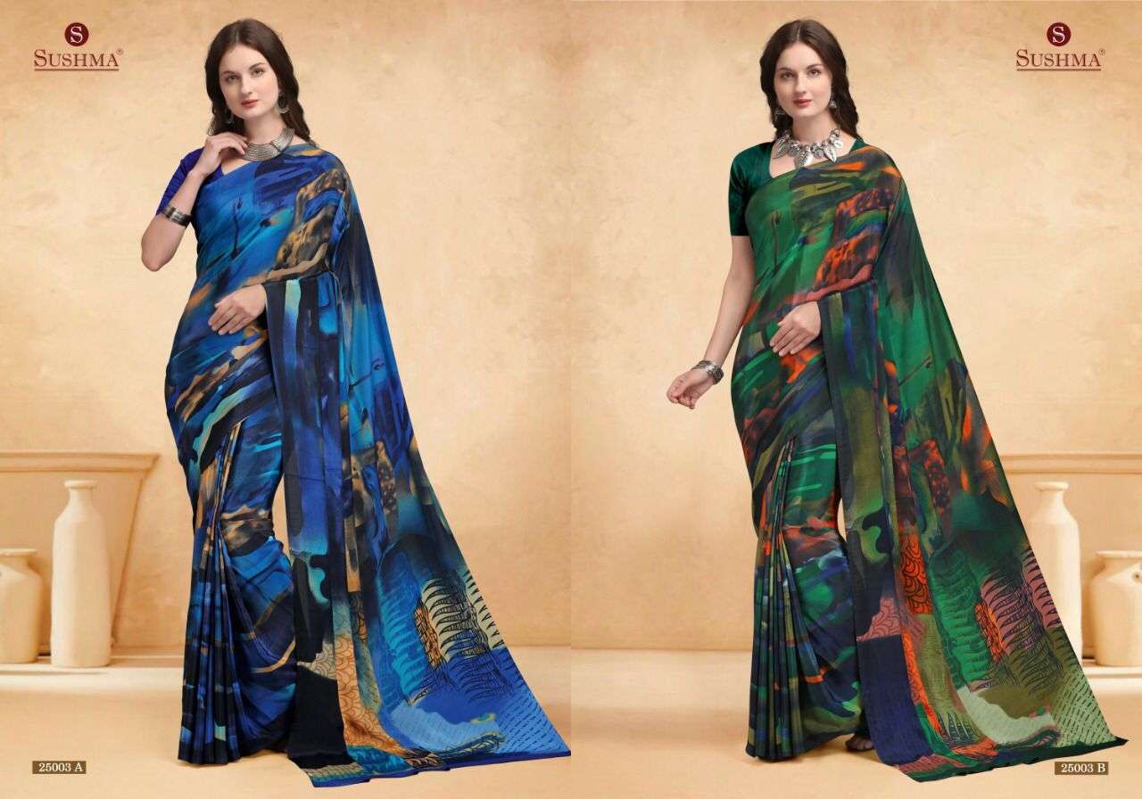 STYLE VOL-11 BY SUSHMA 25001-A TO 25005-C SERIES INDIAN TRADITIONAL WEAR COLLECTION BEAUTIFUL STYLISH FANCY COLORFUL PARTY WEAR & OCCASIONAL WEAR CREPE SAREES AT WHOLESALE PRICE