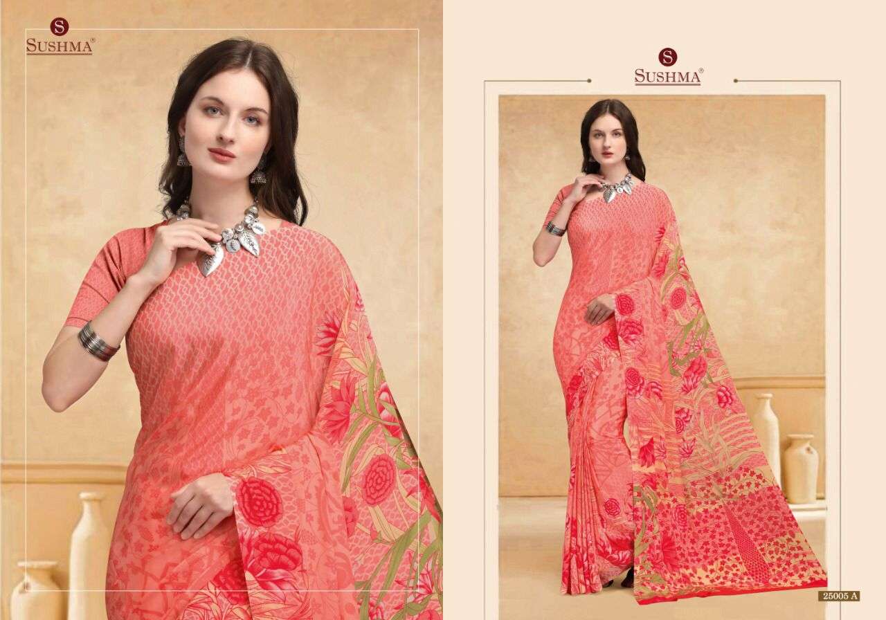 STYLE VOL-11 BY SUSHMA 25001-A TO 25005-C SERIES INDIAN TRADITIONAL WEAR COLLECTION BEAUTIFUL STYLISH FANCY COLORFUL PARTY WEAR & OCCASIONAL WEAR CREPE SAREES AT WHOLESALE PRICE