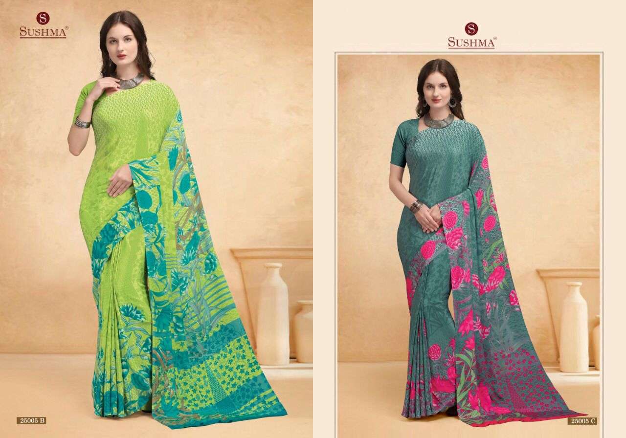 STYLE VOL-11 BY SUSHMA 25001-A TO 25005-C SERIES INDIAN TRADITIONAL WEAR COLLECTION BEAUTIFUL STYLISH FANCY COLORFUL PARTY WEAR & OCCASIONAL WEAR CREPE SAREES AT WHOLESALE PRICE