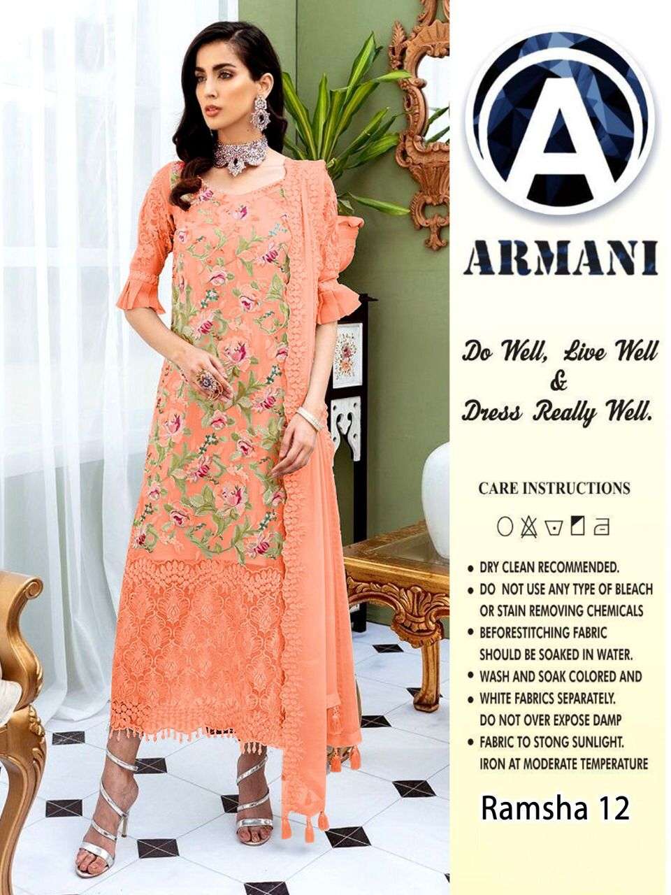 RAMSHA 12 COLOURS BY ARMANI 12-A TO 12-B SERIES PAKISTANI SUITS BEAUTIFUL FANCY COLORFUL STYLISH PARTY WEAR & OCCASIONAL WEAR BUTTERFLY NET WITH EMBROIDERY DRESSES AT WHOLESALE PRICE