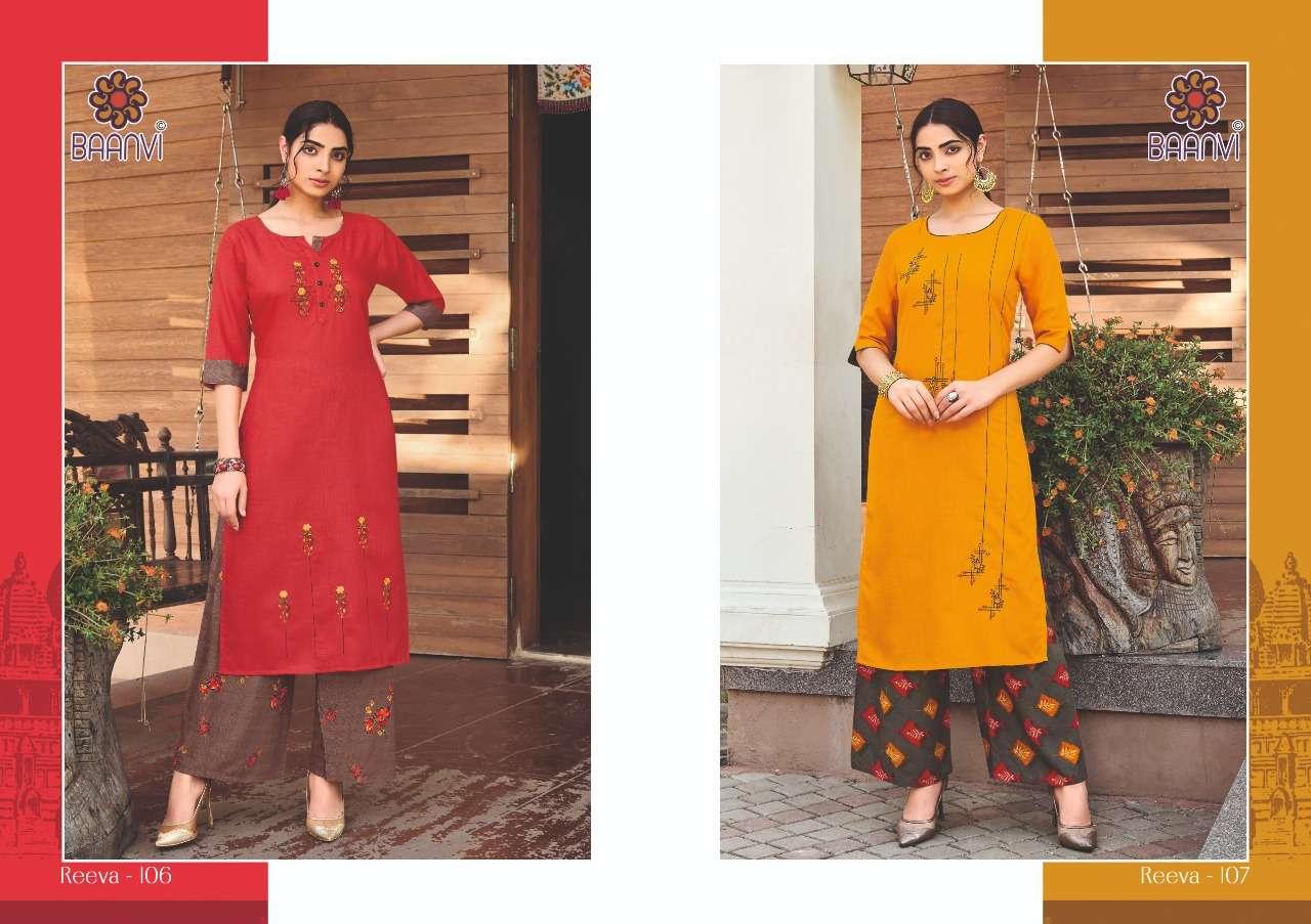 REEVA BY BAANVI 101 TO 108 SERIES DESIGNER STYLISH FANCY COLORFUL BEAUTIFUL PARTY WEAR & ETHNIC WEAR COLLECTION COTTON EMBROIDERED KURTIS WITH BOTTOM AT WHOLESALE PRICE
