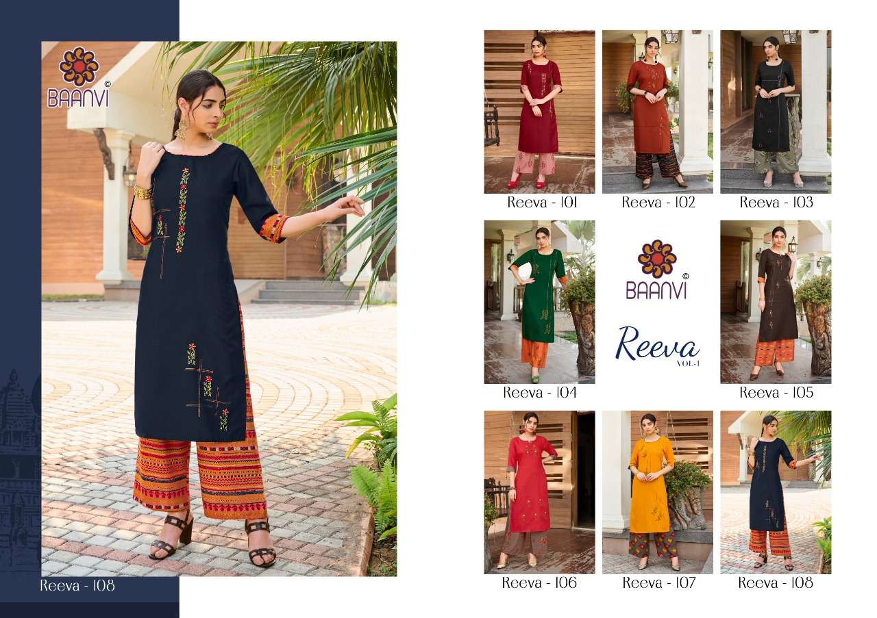 REEVA BY BAANVI 101 TO 108 SERIES DESIGNER STYLISH FANCY COLORFUL BEAUTIFUL PARTY WEAR & ETHNIC WEAR COLLECTION COTTON EMBROIDERED KURTIS WITH BOTTOM AT WHOLESALE PRICE