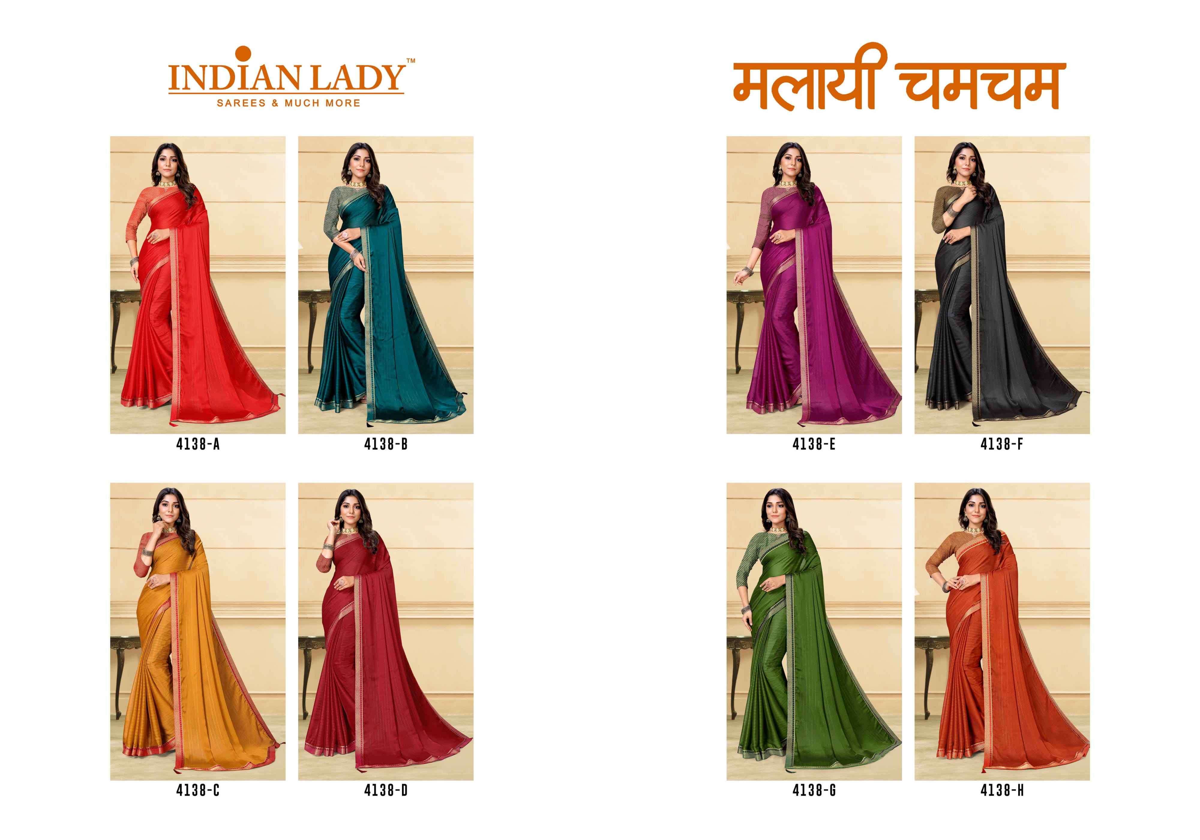 MALAI CHAMCHAM BY INDIAN WOMEN 4138-A TO 4138-H SERIES INDIAN TRADITIONAL WEAR COLLECTION BEAUTIFUL STYLISH FANCY COLORFUL PARTY WEAR & OCCASIONAL WEAR LINING CHIFFON SAREES AT WHOLESALE PRICE