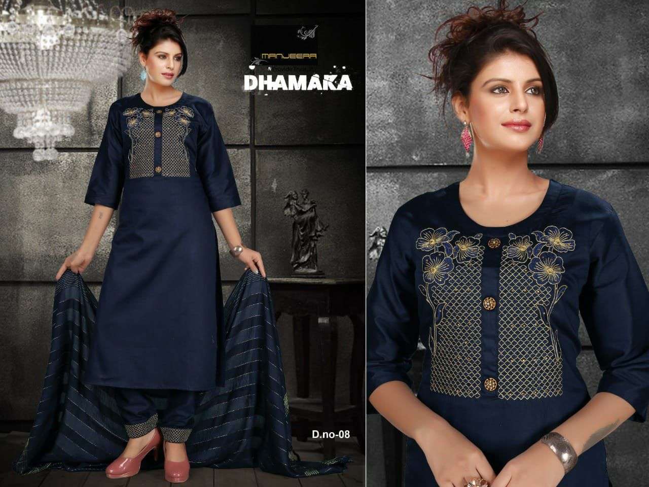 DHAMAKA BY MANJEERA 01 TO 08 SERIES BEAUTIFUL SUITS COLORFUL STYLISH FANCY CASUAL WEAR & ETHNIC WEAR JAM SATIN DRESSES AT WHOLESALE PRICE