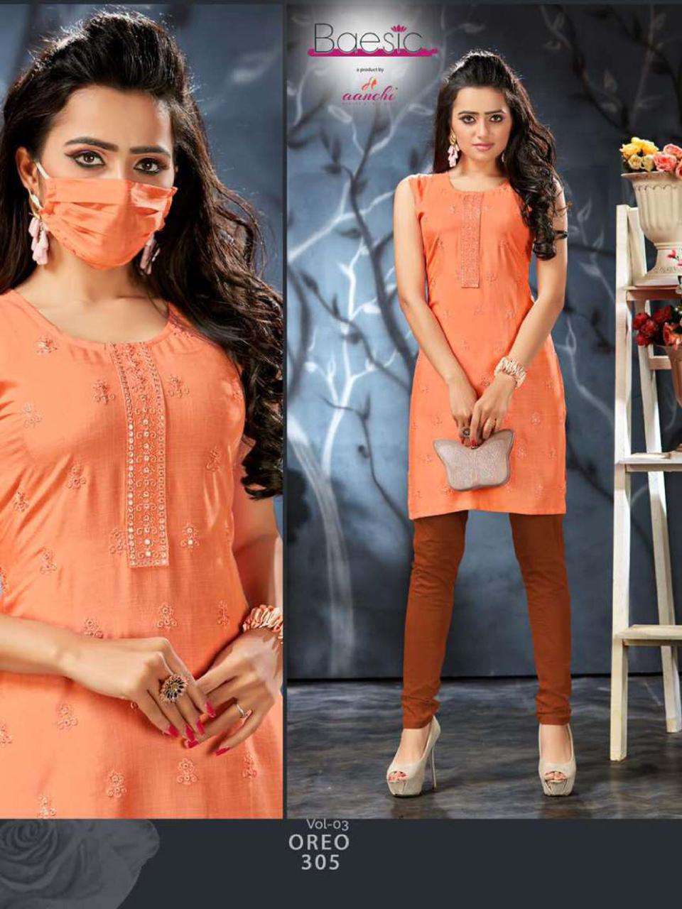 OREO VOL-3 BY BAESIC 301 TO 306 SERIES DESIGNER STYLISH FANCY COLORFUL BEAUTIFUL PARTY WEAR & ETHNIC WEAR COLLECTION RAYON SLUB KURTIS AT WHOLESALE PRICE