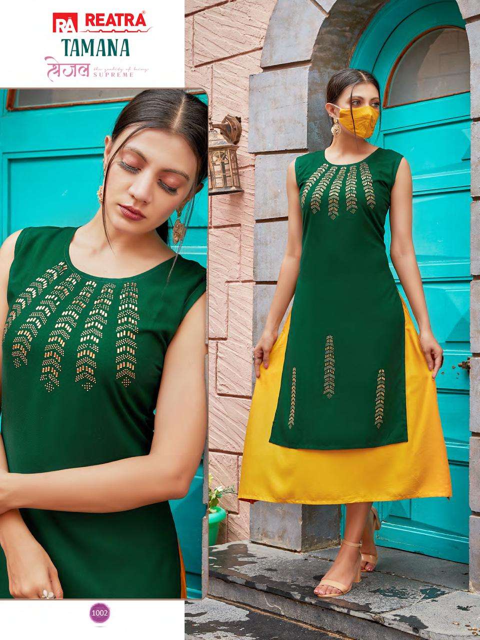 TAMANA BY REATRA 1001 TO 1006 SERIES DESIGNER STYLISH FANCY COLORFUL BEAUTIFUL PARTY WEAR & ETHNIC WEAR COLLECTION RAYON KURTIS AT WHOLESALE PRICE