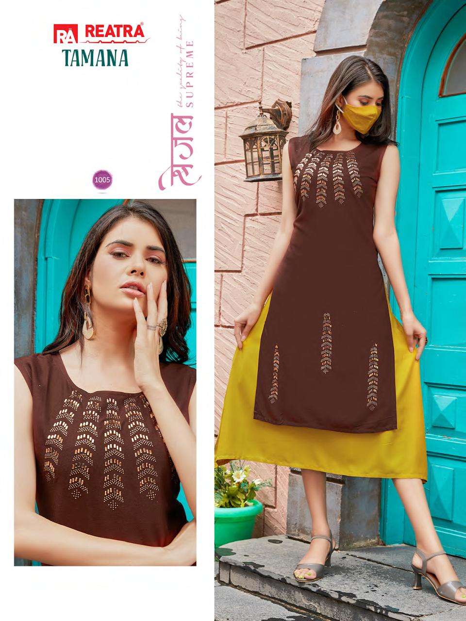 TAMANA BY REATRA 1001 TO 1006 SERIES DESIGNER STYLISH FANCY COLORFUL BEAUTIFUL PARTY WEAR & ETHNIC WEAR COLLECTION RAYON KURTIS AT WHOLESALE PRICE