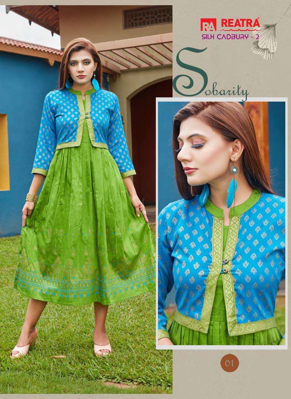 SILK CADBURY VOL-2 BY REATRA 01 TO 06 SERIES DESIGNER STYLISH FANCY COLORFUL BEAUTIFUL PARTY WEAR & ETHNIC WEAR COLLECTION SILK KURTIS WITH JACKET AT WHOLESALE PRICE