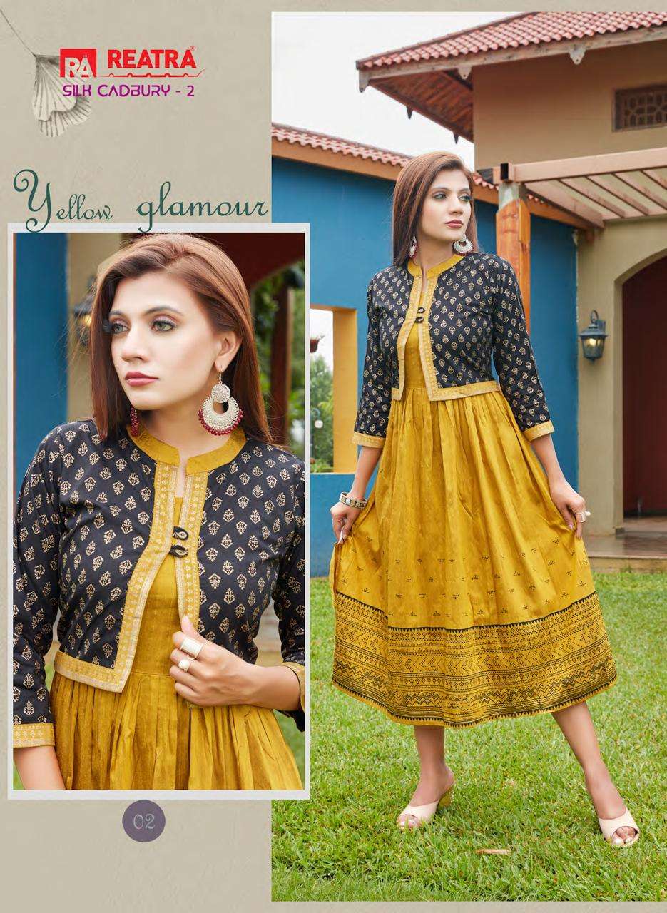 SILK CADBURY VOL-2 BY REATRA 01 TO 06 SERIES DESIGNER STYLISH FANCY COLORFUL BEAUTIFUL PARTY WEAR & ETHNIC WEAR COLLECTION SILK KURTIS WITH JACKET AT WHOLESALE PRICE