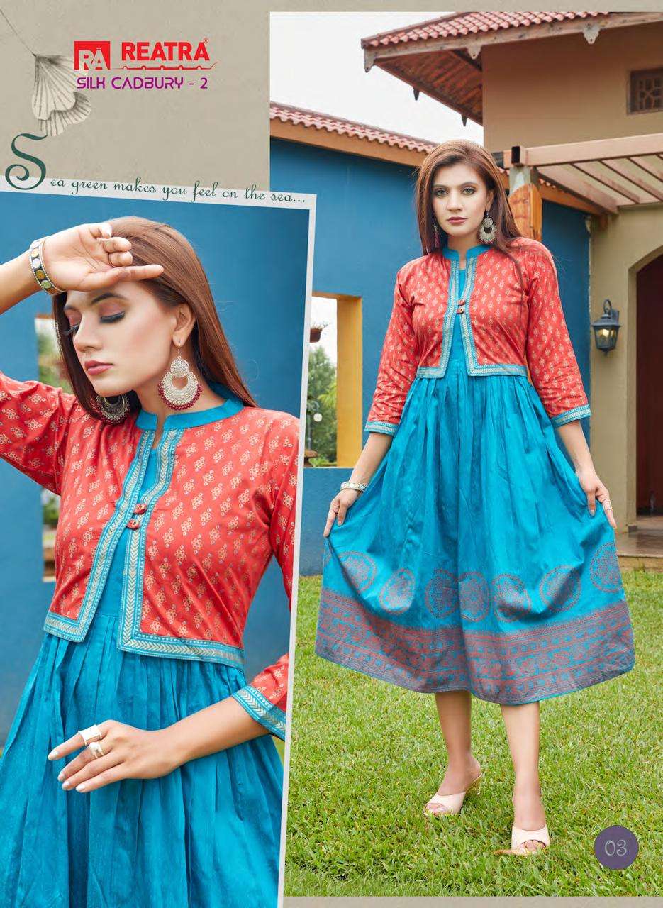 SILK CADBURY VOL-2 BY REATRA 01 TO 06 SERIES DESIGNER STYLISH FANCY COLORFUL BEAUTIFUL PARTY WEAR & ETHNIC WEAR COLLECTION SILK KURTIS WITH JACKET AT WHOLESALE PRICE