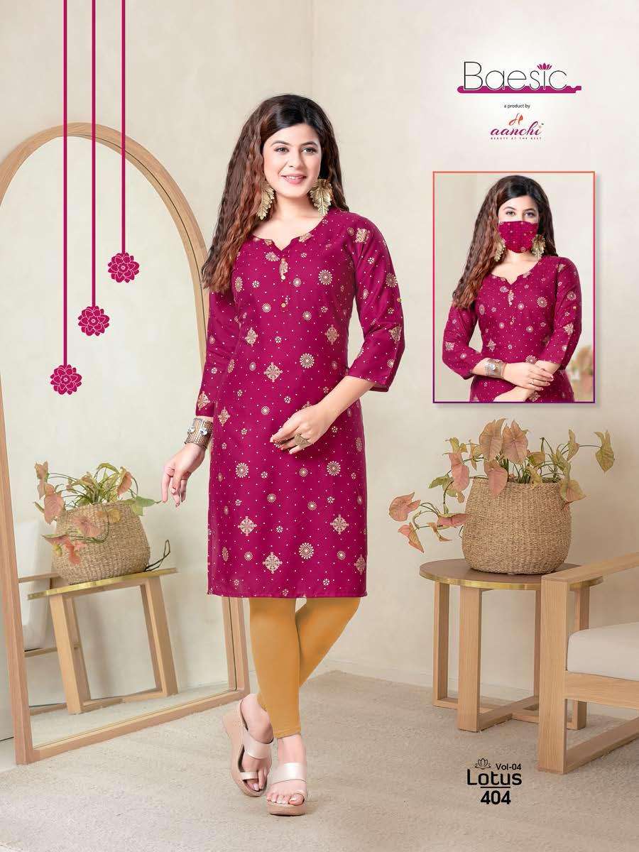 LOTUS VOL-4 BY BAESIC 401 TO 406 SERIES DESIGNER STYLISH FANCY COLORFUL BEAUTIFUL PARTY WEAR & ETHNIC WEAR COLLECTION RAYON KURTIS AT WHOLESALE PRICE