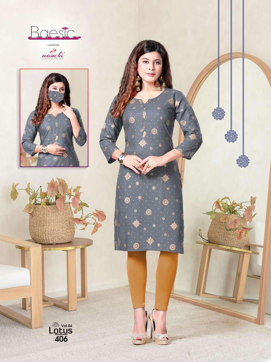 LOTUS VOL-4 BY BAESIC 401 TO 406 SERIES DESIGNER STYLISH FANCY COLORFUL BEAUTIFUL PARTY WEAR & ETHNIC WEAR COLLECTION RAYON KURTIS AT WHOLESALE PRICE