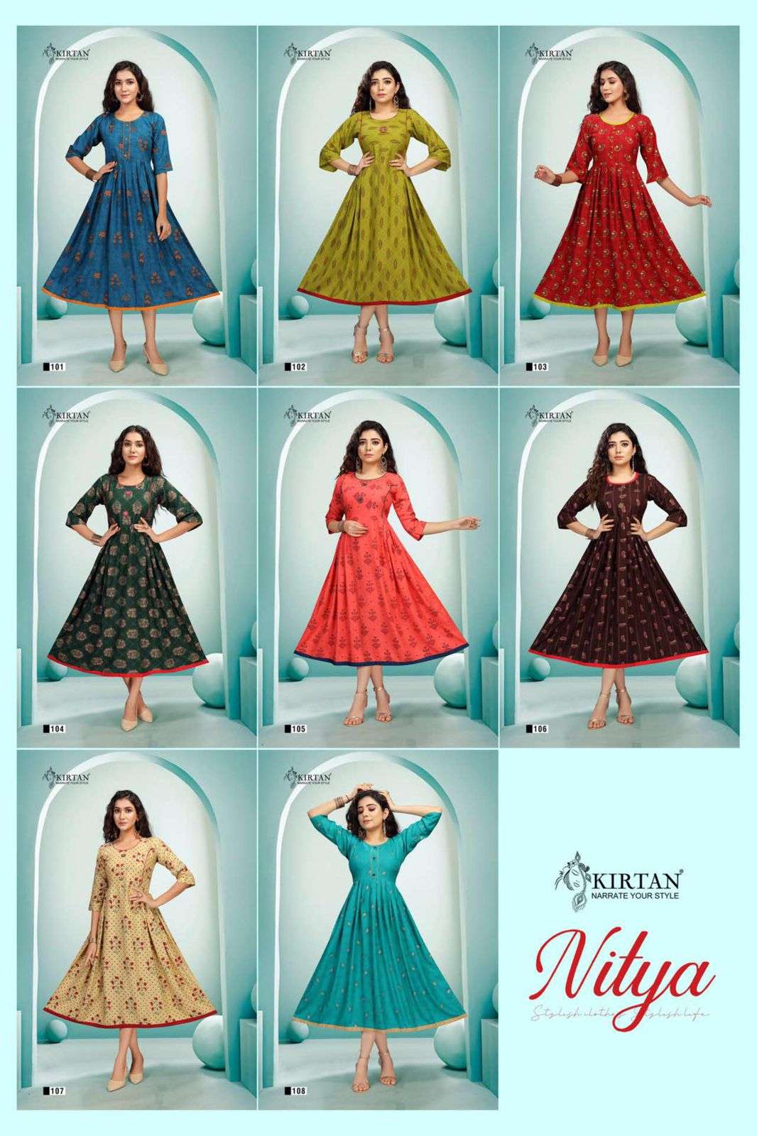 NITYA BY KIRTAN 101 TO 108 SERIES DESIGNER STYLISH FANCY COLORFUL BEAUTIFUL PARTY WEAR & ETHNIC WEAR COLLECTION RAYON PRINT KURTIS AT WHOLESALE PRICE