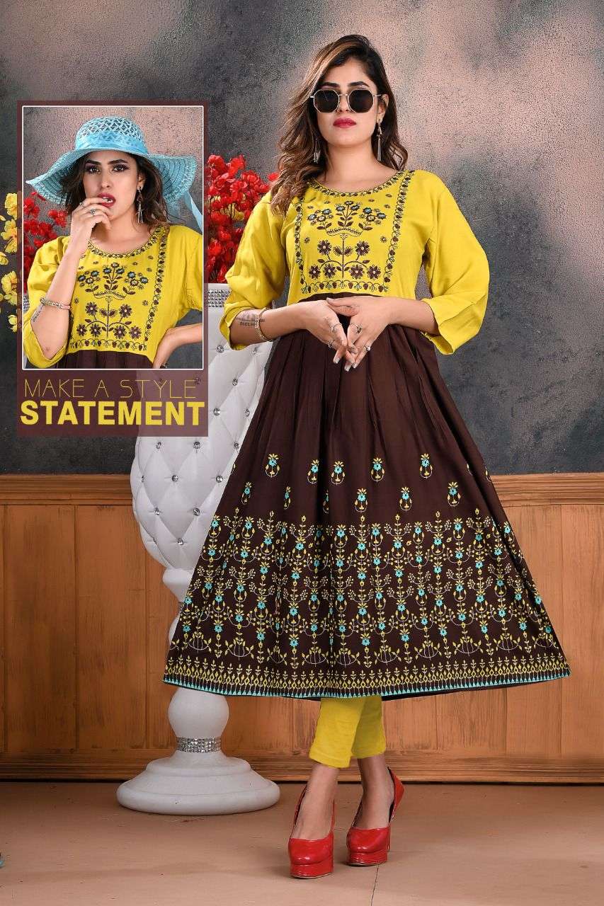 TRISHA VOL-1 BY TRENDY 01 TO 08 SERIES DESIGNER STYLISH FANCY COLORFUL BEAUTIFUL PARTY WEAR & ETHNIC WEAR COLLECTION RAYON EMBROIDERY KURTIS AT WHOLESALE PRICE