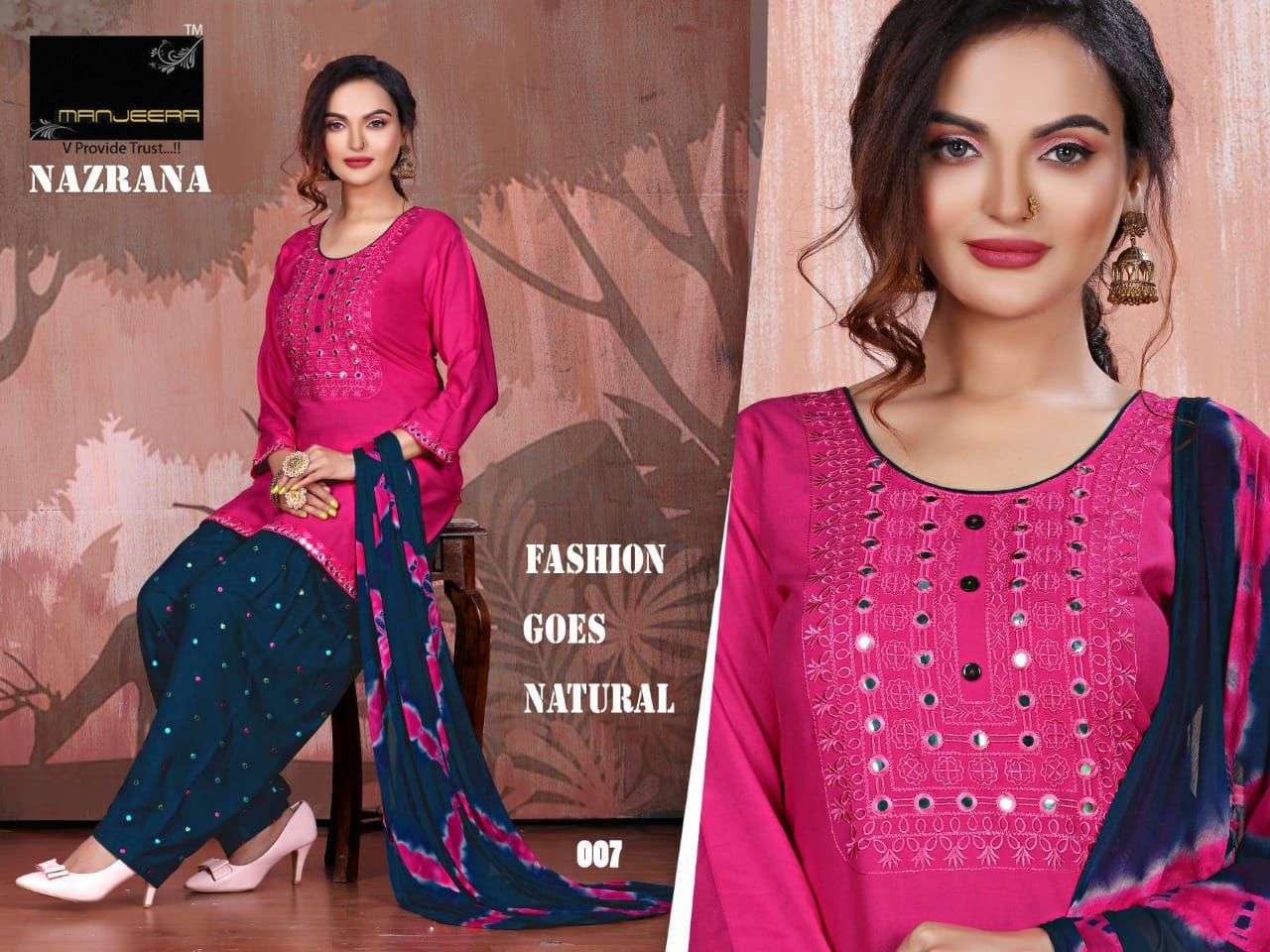 NAZRANA BY MANEERA 001 TO 008 SERIES BEAUTIFUL SUITS COLORFUL STYLISH FANCY CASUAL WEAR & ETHNIC WEAR RAYON WITH WORK DRESSES AT WHOLESALE PRICE