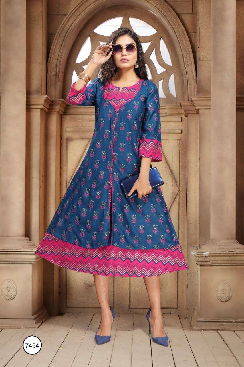 AISHWARYA BY TRENDY 7454-A TO 7454-F SERIES DESIGNER STYLISH FANCY COLORFUL BEAUTIFUL PARTY WEAR & ETHNIC WEAR COLLECTION RAYON KURTIS WITH KOTI AT WHOLESALE PRICE