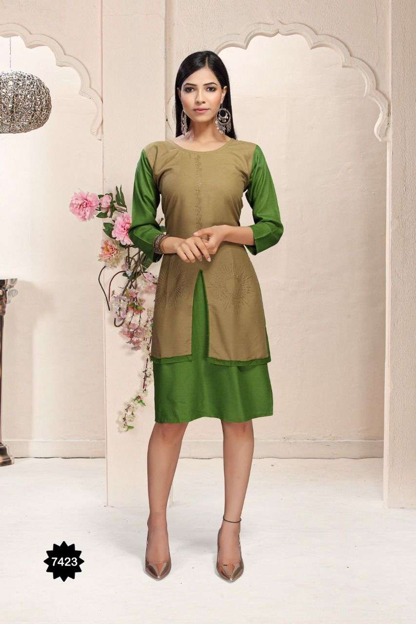 HONEY BY TRENDY 7423-A TO 7423-F SERIES DESIGNER STYLISH FANCY COLORFUL BEAUTIFUL PARTY WEAR & ETHNIC WEAR COLLECTION RAYON KURTIS AT WHOLESALE PRICE