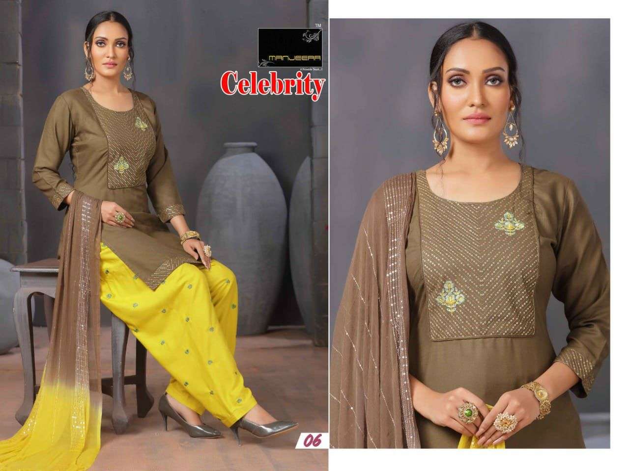 CELEBRITY BY MANJEERA 01 TO 08 SERIES BEAUTIFUL PATIYALA SUITS COLORFUL STYLISH FANCY CASUAL WEAR & ETHNIC WEAR RAYON WITH WORK DRESSES AT WHOLESALE PRICE