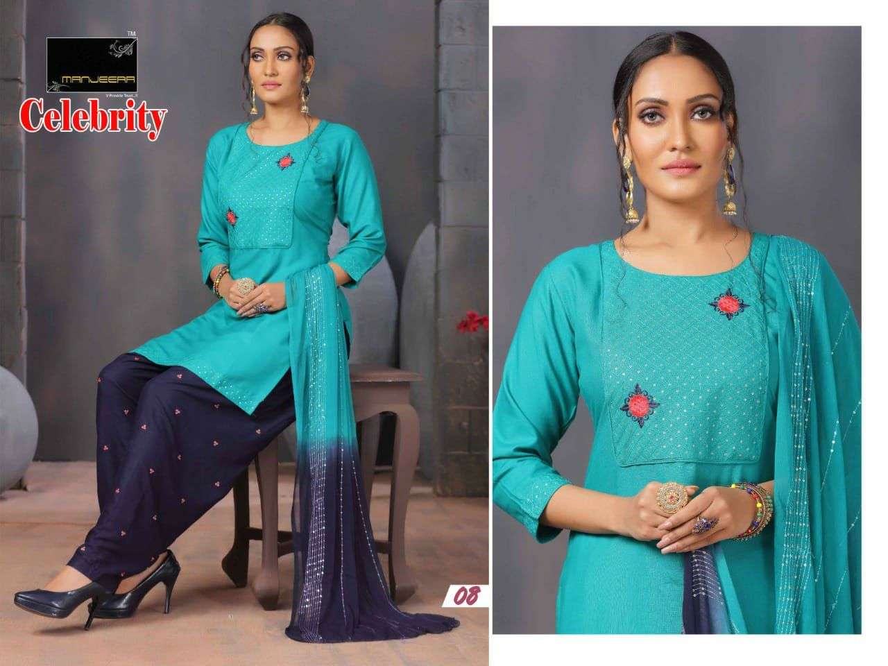 CELEBRITY BY MANJEERA 01 TO 08 SERIES BEAUTIFUL PATIYALA SUITS COLORFUL STYLISH FANCY CASUAL WEAR & ETHNIC WEAR RAYON WITH WORK DRESSES AT WHOLESALE PRICE
