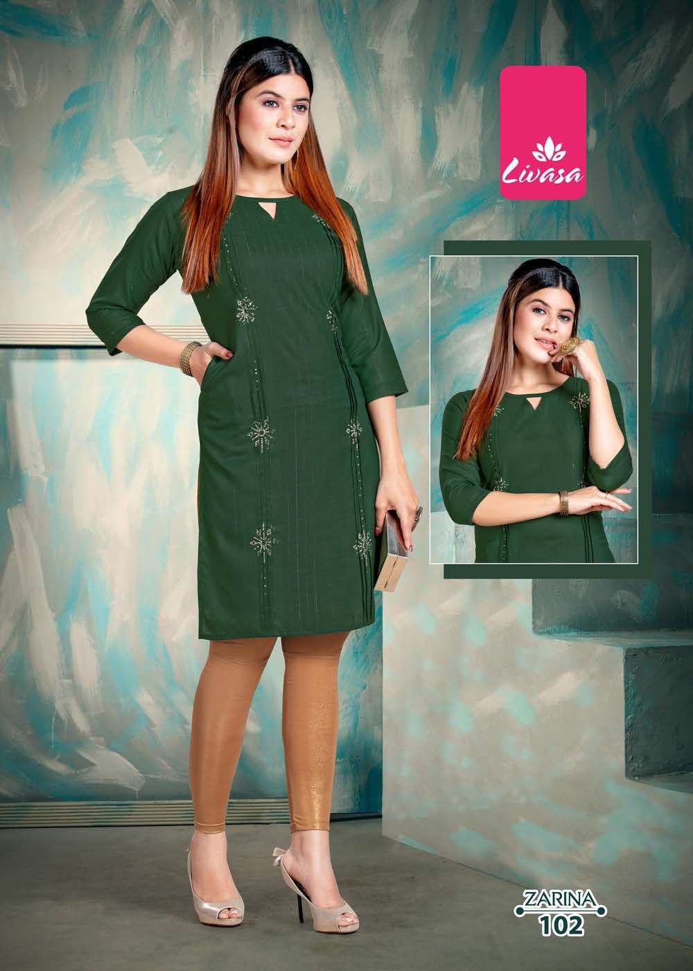 ZARINA BY LIVASA 101 TO 106 SERIES DESIGNER STYLISH FANCY COLORFUL BEAUTIFUL PARTY WEAR & ETHNIC WEAR COLLECTION RAYON WITH WORK KURTIS AT WHOLESALE PRICE