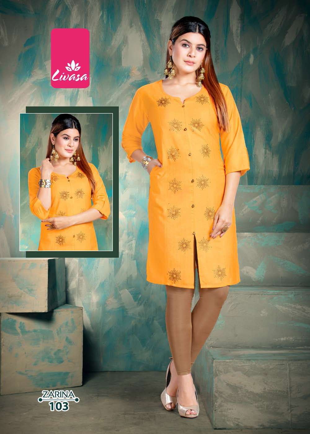 ZARINA BY LIVASA 101 TO 106 SERIES DESIGNER STYLISH FANCY COLORFUL BEAUTIFUL PARTY WEAR & ETHNIC WEAR COLLECTION RAYON WITH WORK KURTIS AT WHOLESALE PRICE