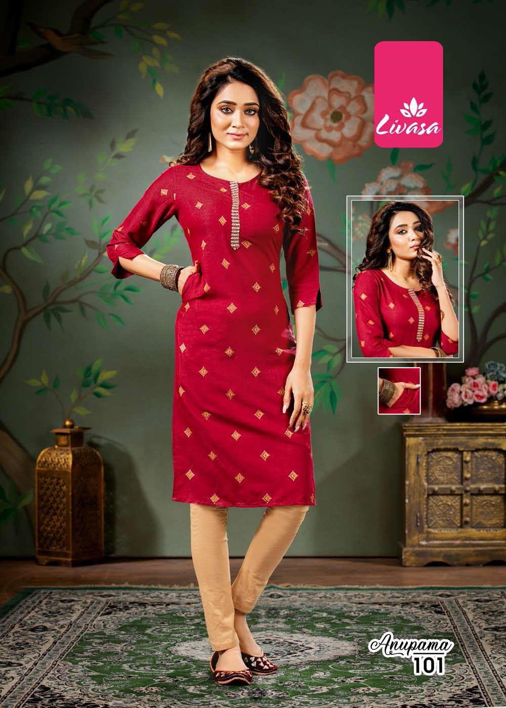 ANUPAMA BY LIVASA 101 TO 106 SERIES DESIGNER STYLISH FANCY COLORFUL BEAUTIFUL PARTY WEAR & ETHNIC WEAR COLLECTION RAYON WITH WORK KURTIS AT WHOLESALE PRICE