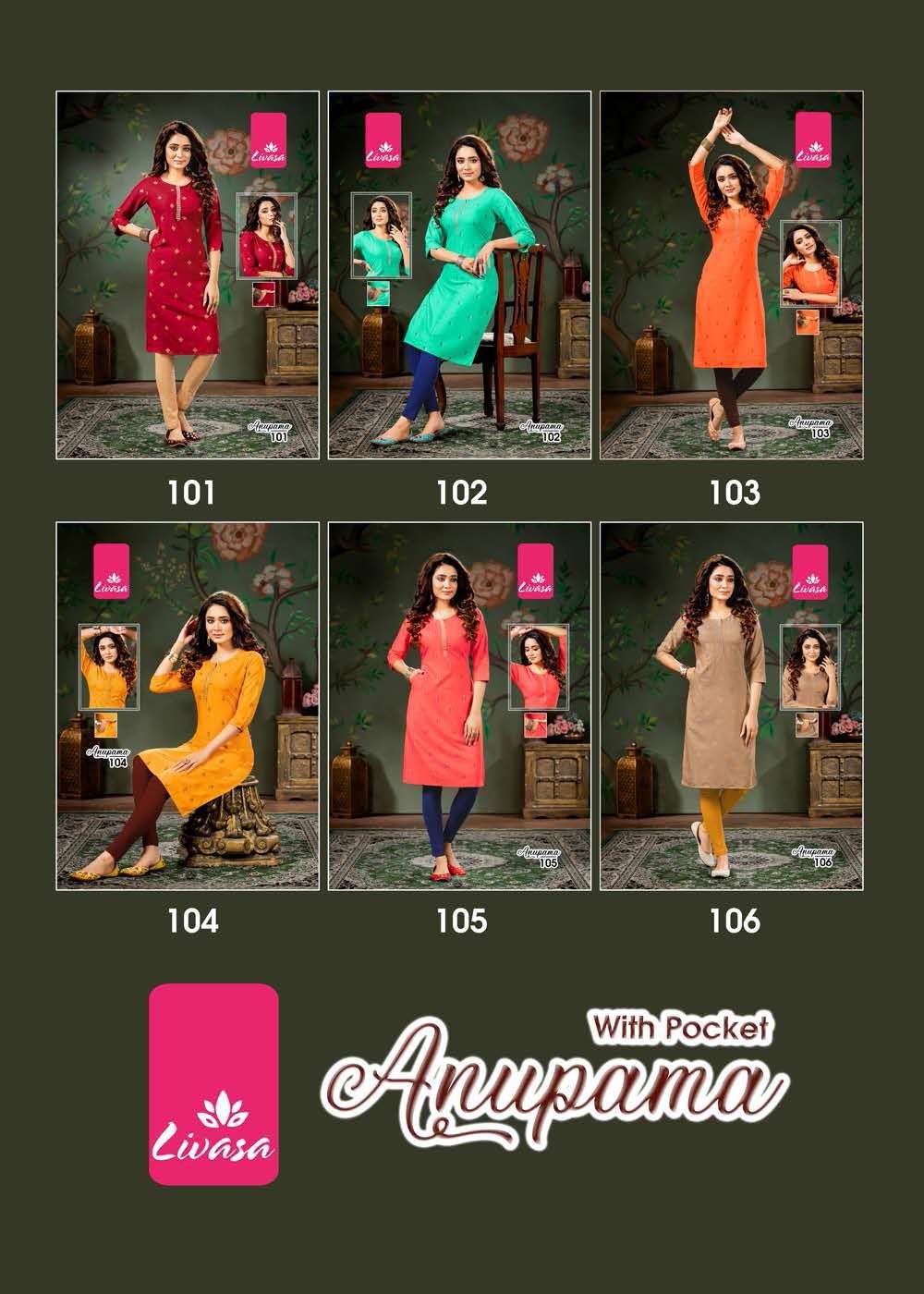 ANUPAMA BY LIVASA 101 TO 106 SERIES DESIGNER STYLISH FANCY COLORFUL BEAUTIFUL PARTY WEAR & ETHNIC WEAR COLLECTION RAYON WITH WORK KURTIS AT WHOLESALE PRICE