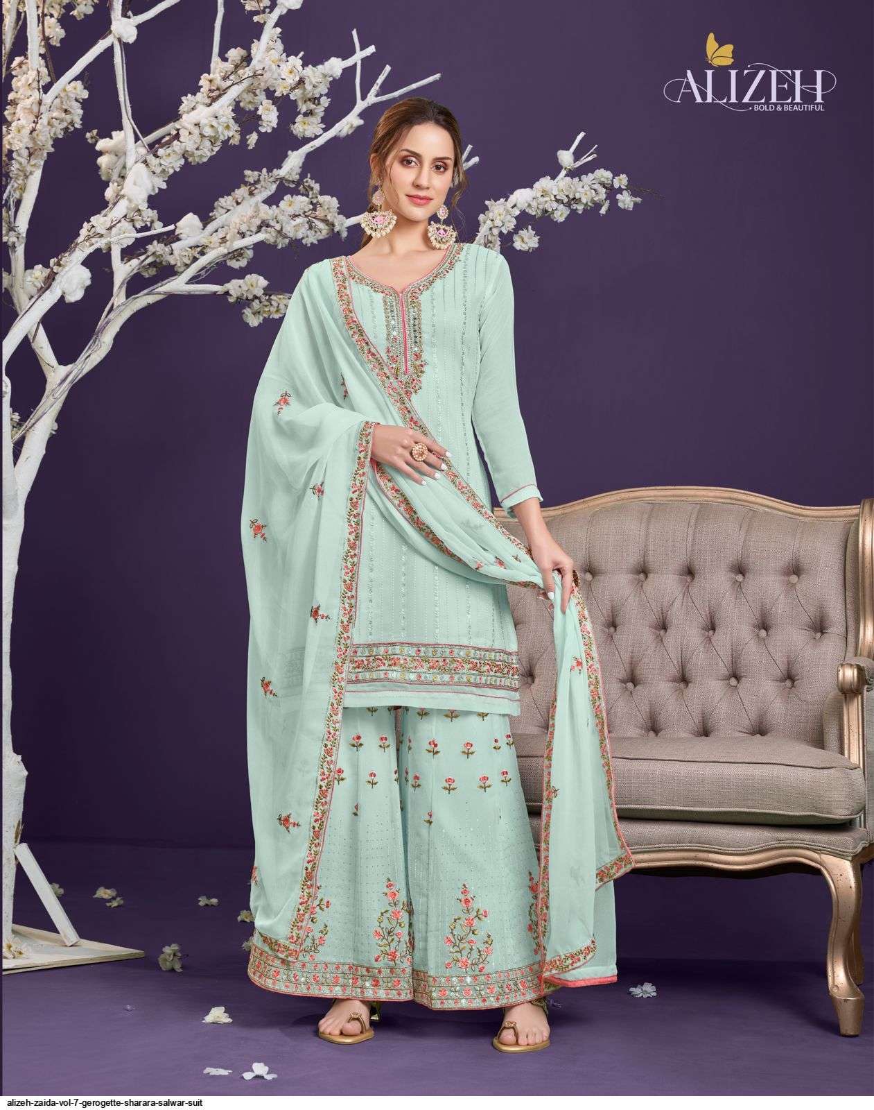 Zaida Vol-7 By Alizeh 2027 To 2030 Series Beautiful Stylish Sharara Suits Fancy Colorful Casual Wear & Ethnic Wear & Ready To Wear Net Embroidered Dresses At Wholesale Price
