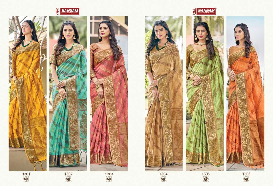 SHAILJA BY SANGAM PRINTS 1301 TO 1306 SERIES INDIAN TRADITIONAL WEAR COLLECTION BEAUTIFUL STYLISH FANCY COLORFUL PARTY WEAR & OCCASIONAL WEAR ORGANZA SAREES AT WHOLESALE PRICE