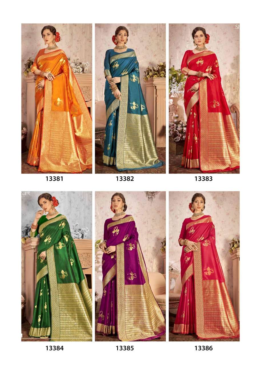 SKS FANCY-1022 BY SHAKUNT 13381 TO 13386 SERIES INDIAN TRADITIONAL WEAR COLLECTION BEAUTIFUL STYLISH FANCY COLORFUL PARTY WEAR & OCCASIONAL WEAR SOFT SILK SAREES AT WHOLESALE PRICE
