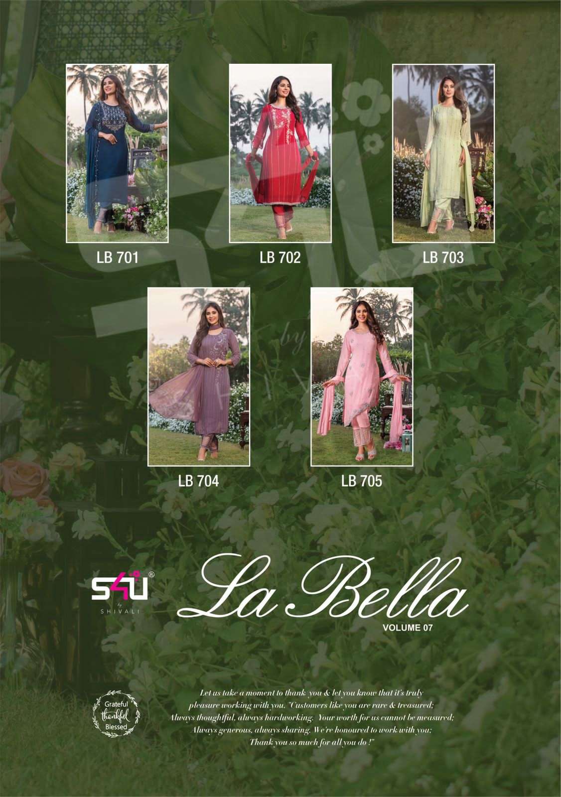 LA BELLA VOL-7 BY S4U FASHION 701 TO 705 SERIES BEAUTIFUL SUITS COLORFUL STYLISH FANCY CASUAL WEAR & ETHNIC WEAR GEORGETTE EMBROIDERED DRESSES AT WHOLESALE PRICE