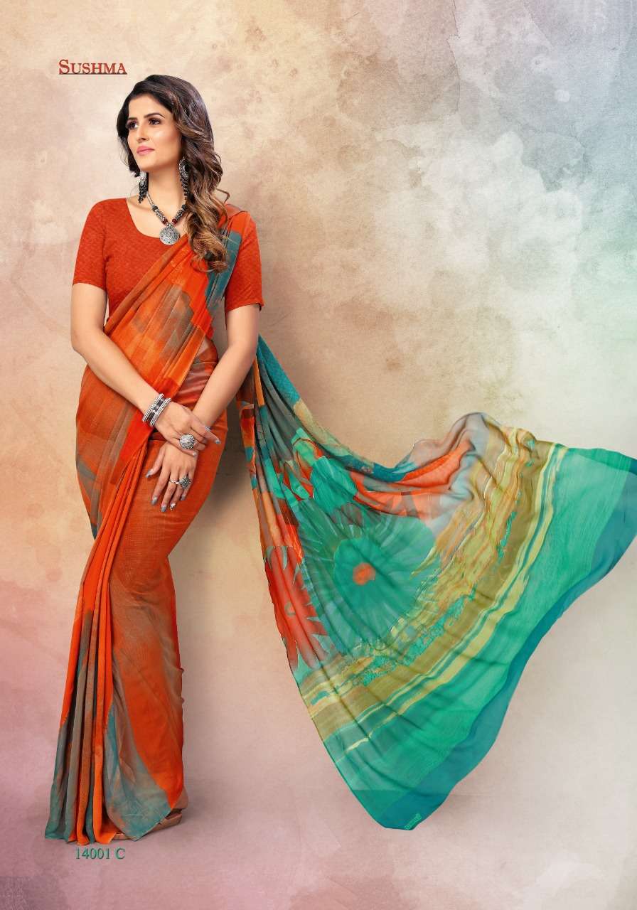 SUSHMA 14000 SERIES BY SUSHMA INDIAN TRADITIONAL WEAR COLLECTION BEAUTIFUL STYLISH FANCY COLORFUL PARTY WEAR & OCCASIONAL WEAR GEORGETTE DIGITAL PRINT SAREES AT WHOLESALE PRICE