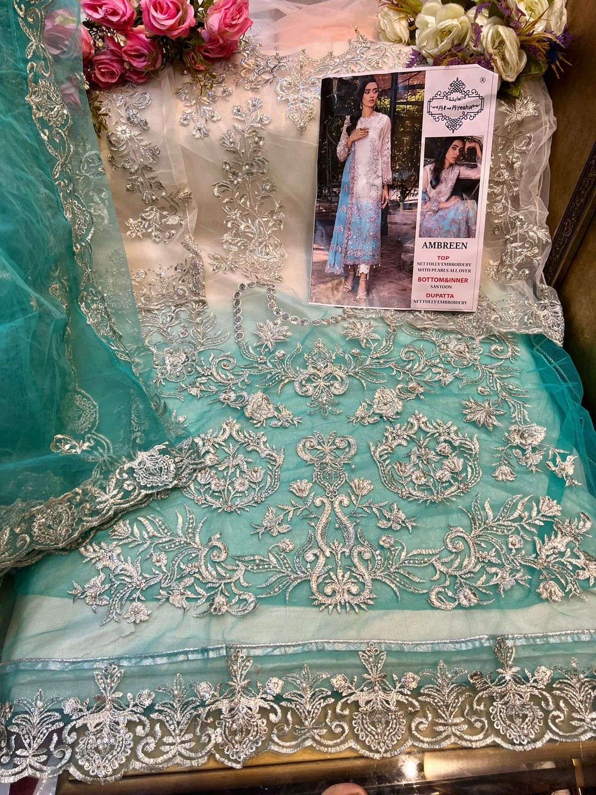 AMBREEN COLOUR EDITION BY AL AYESHA A TO D SERIES DESIGNER PAKISTANI SUITS BEAUTIFUL STYLISH FANCY COLORFUL PARTY WEAR & OCCASIONAL WEAR NET EMBROIDERED DRESSES AT WHOLESALE PRICE