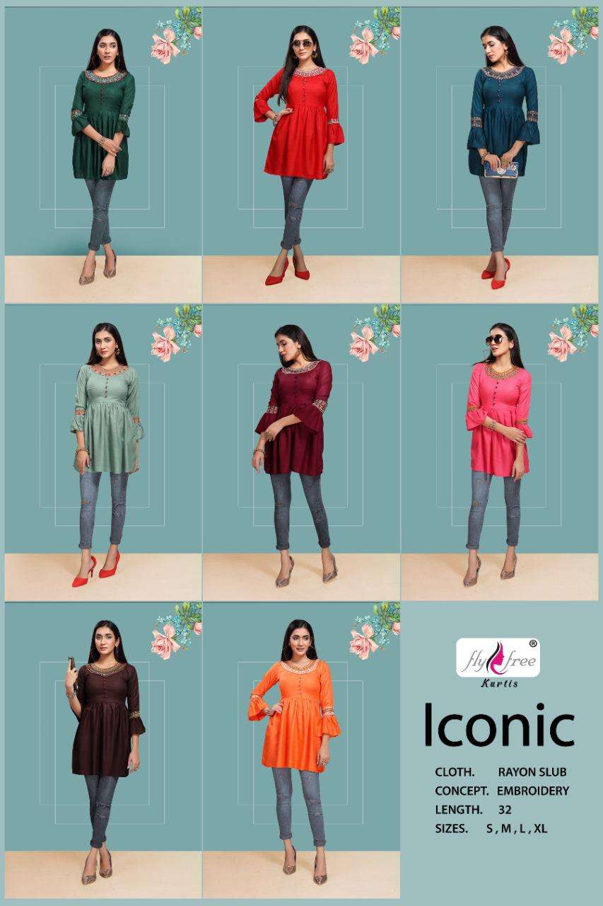 ICONIC VOL-3 BY FLY FREE 1001 TO 1008 SERIES DESIGNER STYLISH FANCY COLORFUL BEAUTIFUL PARTY WEAR & ETHNIC WEAR COLLECTION RAYON SLUB EMBROIDERY TOPS AT WHOLESALE PRICE