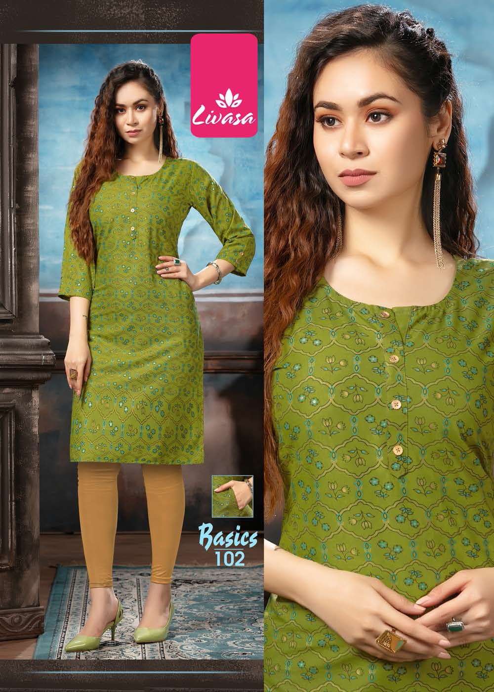 BASICS BY LIVASA 101 TO 107 SERIES DESIGNER STYLISH FANCY COLORFUL BEAUTIFUL PARTY WEAR & ETHNIC WEAR COLLECTION RAYON PRINT KURTIS AT WHOLESALE PRICE