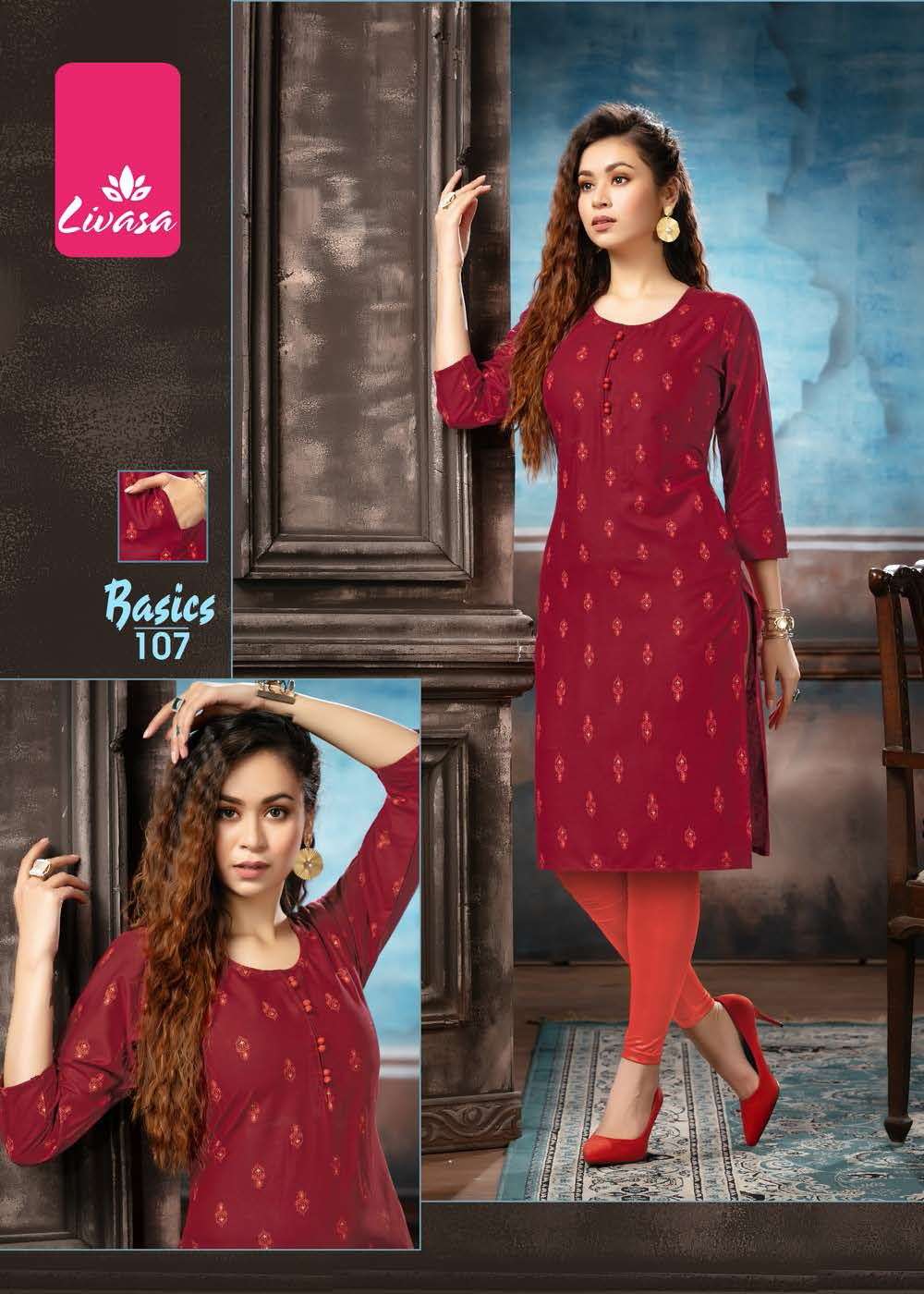 BASICS BY LIVASA 101 TO 107 SERIES DESIGNER STYLISH FANCY COLORFUL BEAUTIFUL PARTY WEAR & ETHNIC WEAR COLLECTION RAYON PRINT KURTIS AT WHOLESALE PRICE