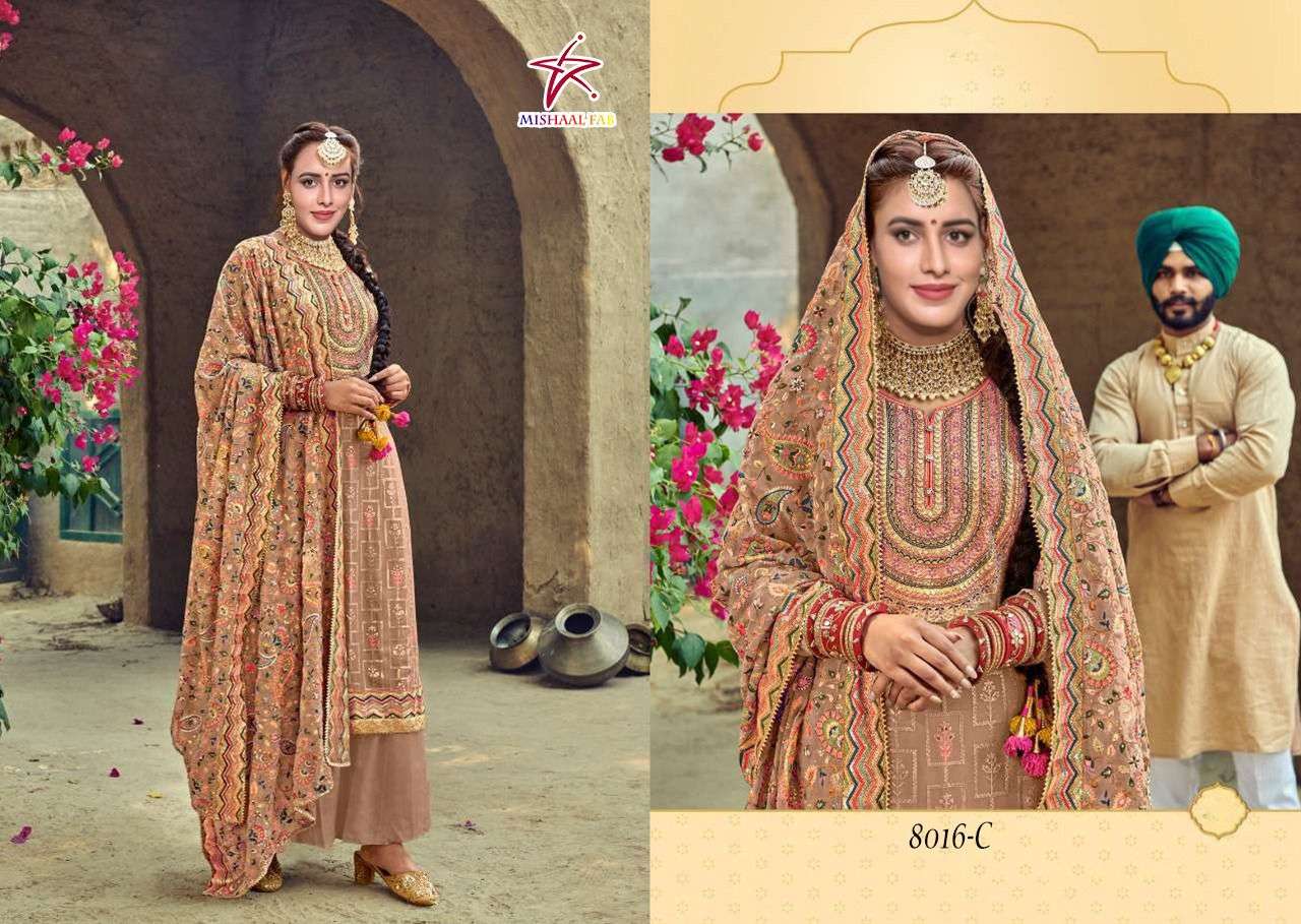 MISHAAL 8016 COLOURS BY MISHAAL FAB 8016-A TO 8016-D SERIES BEAUTIFUL SUITS STYLISH COLORFUL FANCY CASUAL WEAR & ETHNIC WEAR HEAVY GEORGETTE EMBROIDERED DRESSES AT WHOLESALE PRICE