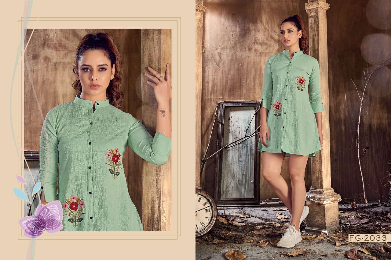 MYSTIC VOL-1 BY FASHION GALLERIA 2033 TO 2037 SERIES BEAUTIFUL COLORFUL STYLISH FANCY CASUAL WEAR & READY TO WEAR LYCRA TOPS AT WHOLESALE PRICE