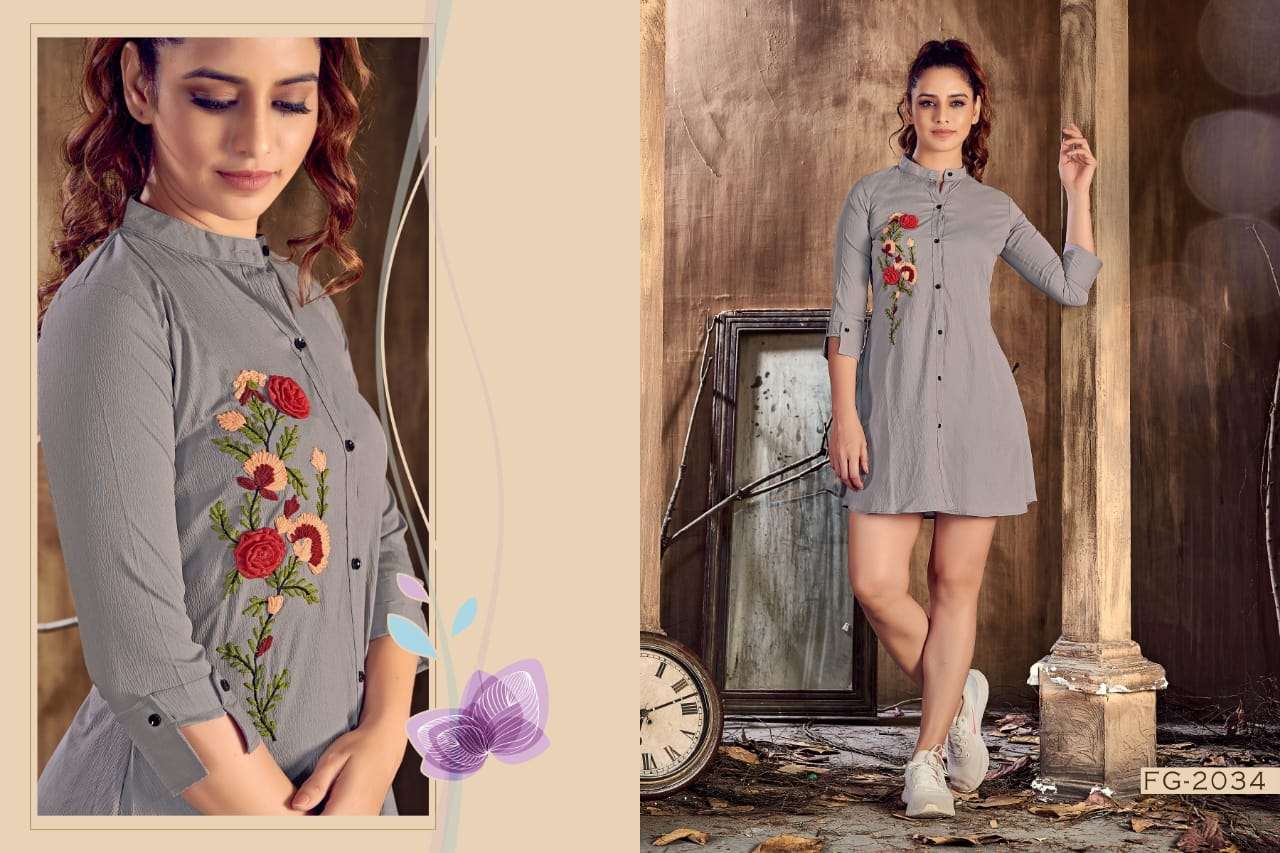 MYSTIC VOL-1 BY FASHION GALLERIA 2033 TO 2037 SERIES BEAUTIFUL COLORFUL STYLISH FANCY CASUAL WEAR & READY TO WEAR LYCRA TOPS AT WHOLESALE PRICE