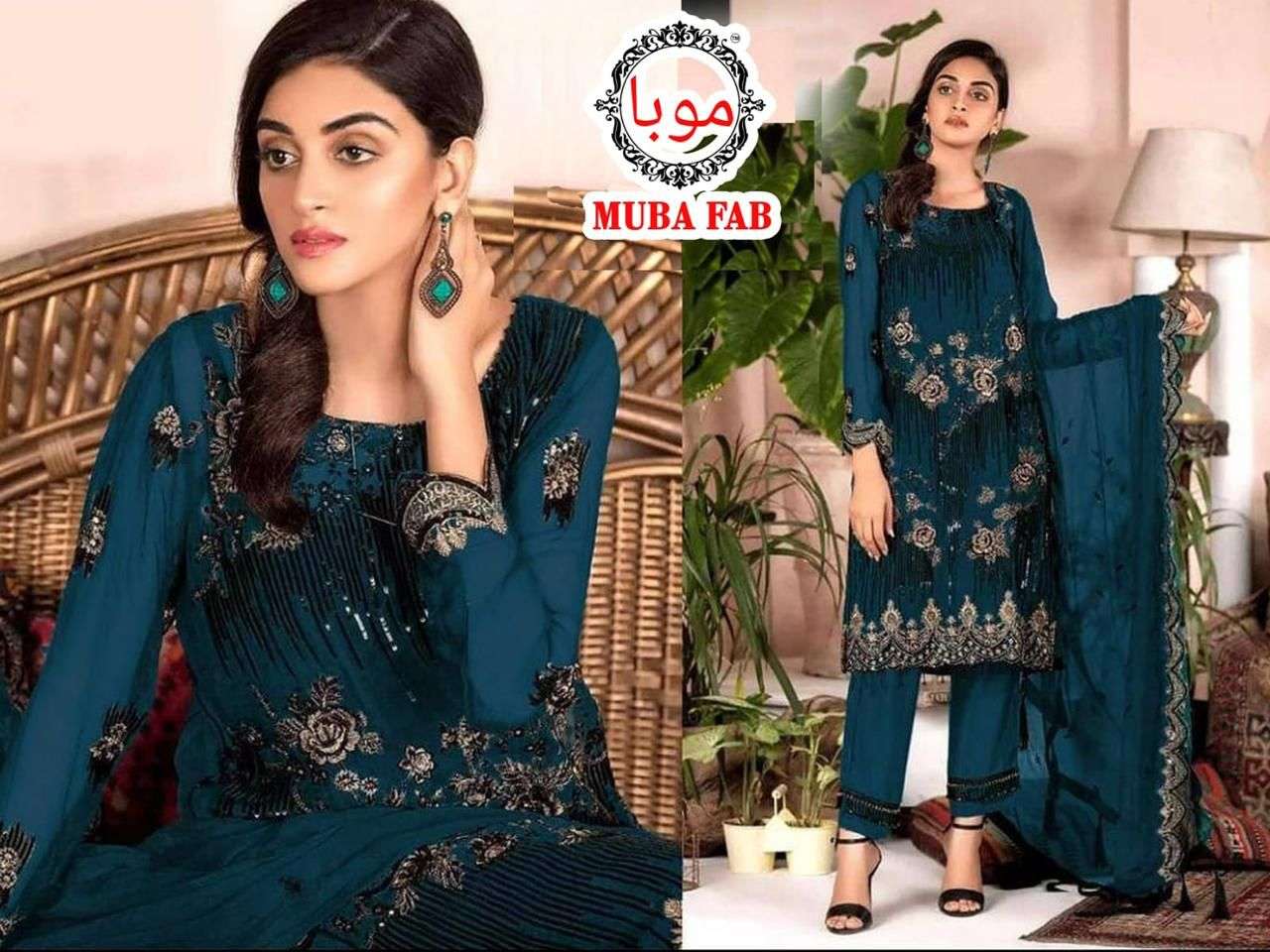 MUBA FAB 1001 COLOURS BY MUBA FAB 1001-A TO 1001-D SERIES DESIGNER PAKISTANI SUITS BEAUTIFUL STYLISH FANCY COLORFUL PARTY WEAR & OCCASIONAL WEAR FAUX GEORGETTE DRESSES AT WHOLESALE PRICE