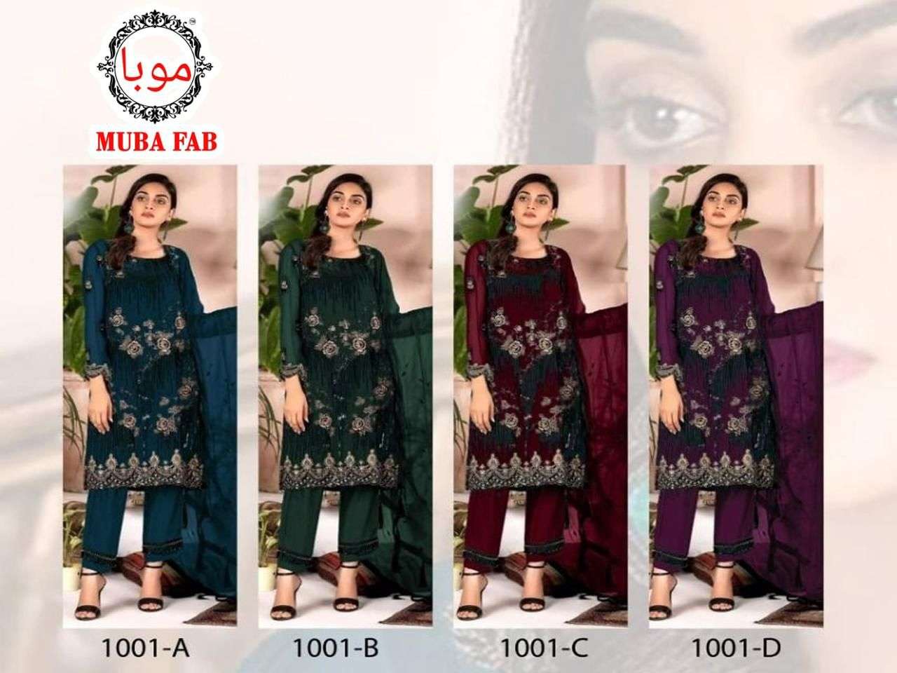 MUBA FAB 1001 COLOURS BY MUBA FAB 1001-A TO 1001-D SERIES DESIGNER PAKISTANI SUITS BEAUTIFUL STYLISH FANCY COLORFUL PARTY WEAR & OCCASIONAL WEAR FAUX GEORGETTE DRESSES AT WHOLESALE PRICE