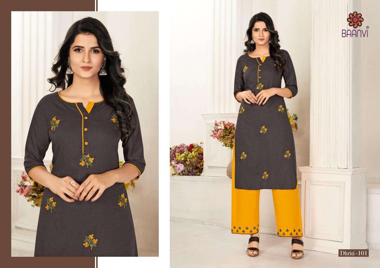 DHRITI BY BAANVI 101 TO 108 SERIES DESIGNER STYLISH FANCY COLORFUL BEAUTIFUL PARTY WEAR & ETHNIC WEAR COLLECTION RAYON SLUB EMBROIDERY KURTIS WITH BOTTOM AT WHOLESALE PRICE